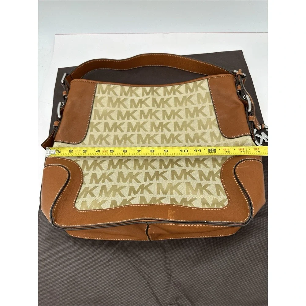 Michael Kors Brookville Large Shoulder Bag MK Logo Jacquard Beige Brown